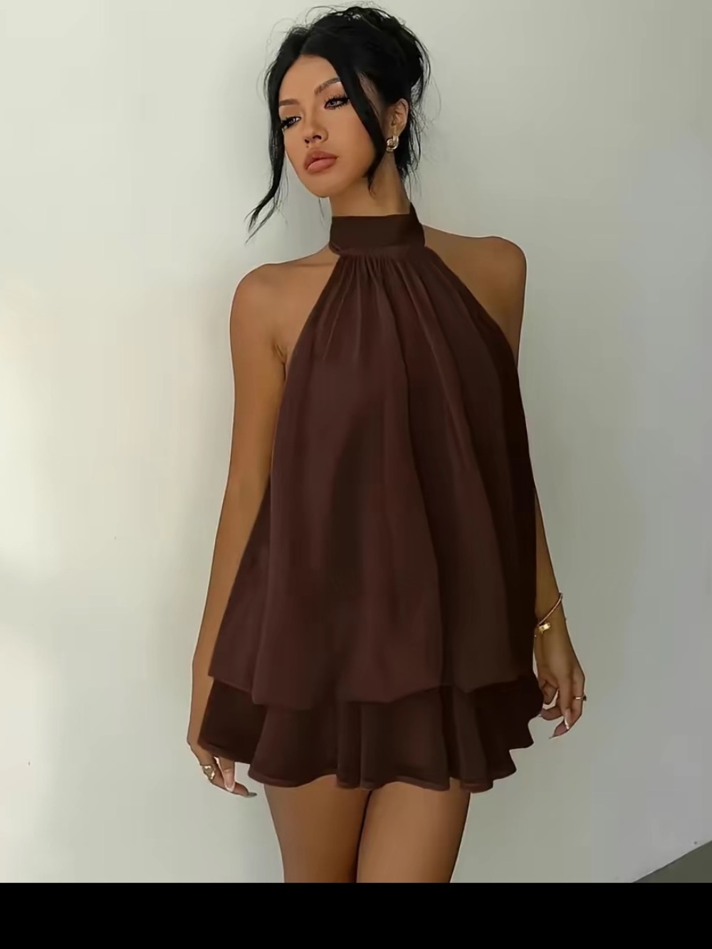 Chiffon Halter Mini Dress in Chocolate Brown